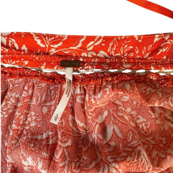 Free People Size Large Orange Boho Print Tunic Top Blouse W Ivory Crochet Trim - Picture 8 of 9